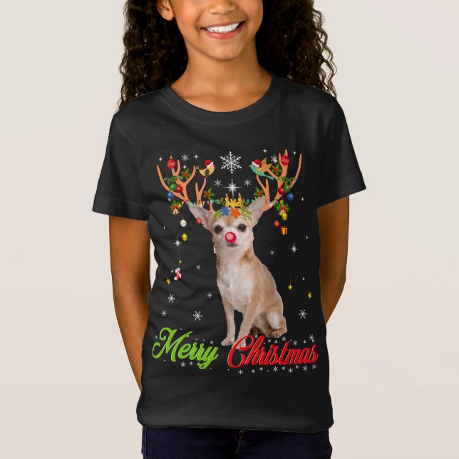 Funny Chihuahua Dog With Antlers Merry Christmas T T-Shirt (Front)