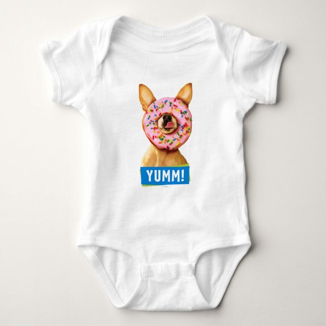Funny Chihuahua Dog with Sprinkle Donut on Nose Baby Bodysuit (Front)