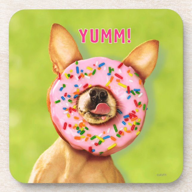 Funny Chihuahua Dog with Sprinkle Donut on Nose Drink Coaster (Front)
