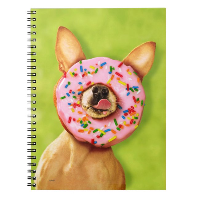Funny Chihuahua Dog with Sprinkle Donut on Nose Notebook (Front)