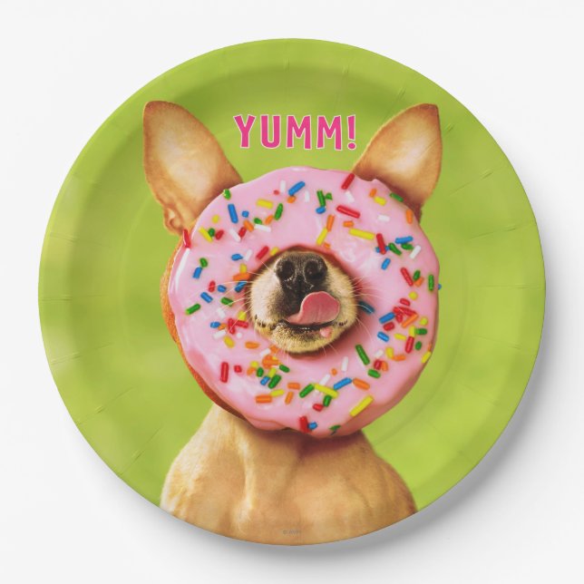Funny Chihuahua Dog with Sprinkle Donut on Nose Paper Plates (Front)