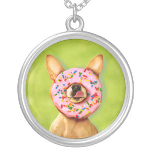 Funny Chihuahua Dog with Sprinkle Donut on Nose Silver Plated Necklace