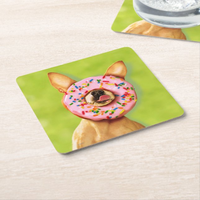 Funny Chihuahua Dog with Sprinkle Donut on Nose Square Paper Coaster (Angled)