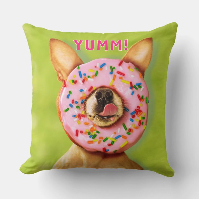 Funny Chihuahua Dog with Sprinkle Donut on Nose Throw Pillow (Front)