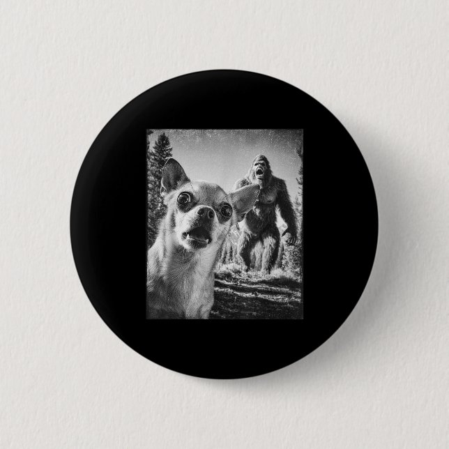 Funny Chihuahua Selfie With Bigfoot Sasquatch Cryp Button (Front)