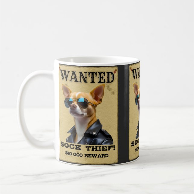Funny Chihuahua WANTED Poster with Cool Sunglasses Coffee Mug (Left)