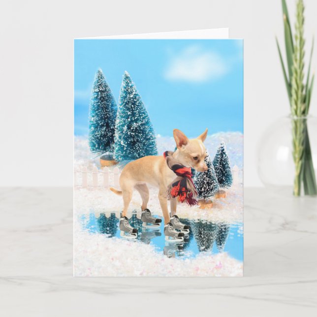Funny chihuahua with scarf and skates holiday card (Front)