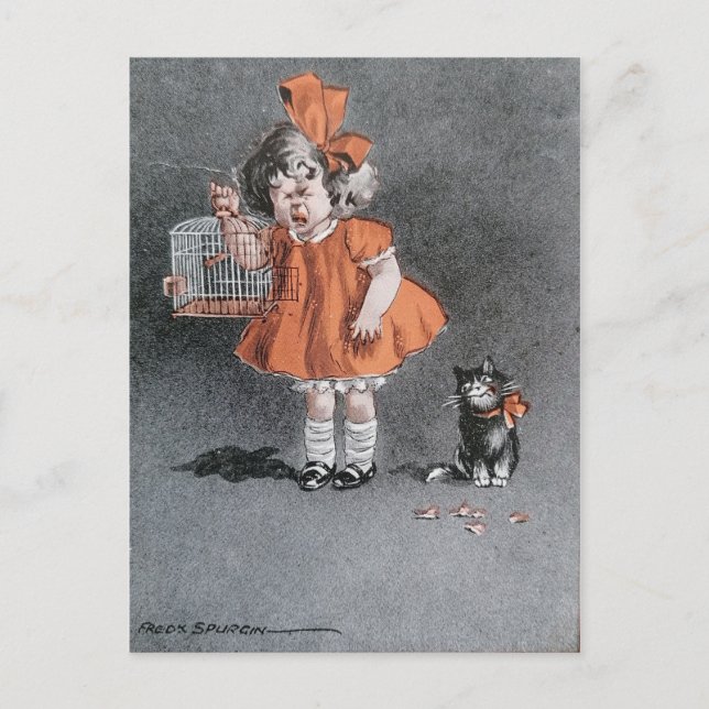 Funny Child and cheeky Cat Vintage antique Postcard (Front)