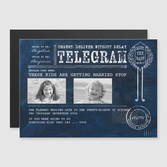 Funny Childhood Photos Save the Date Telegram Magnetic Invitation (Front/Back)