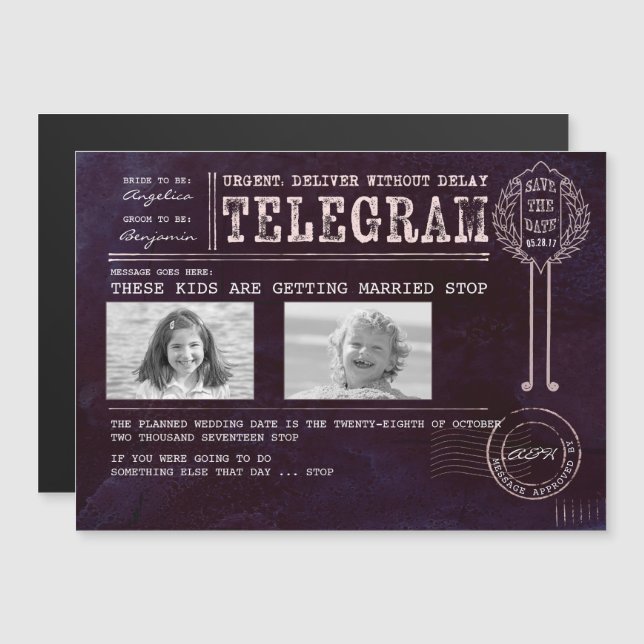 Funny Childhood Photos Save the Date Telegram Magnetic Invitation (Front/Back)