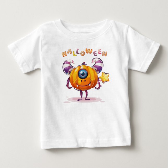 Funny Childish Halloween Pumpkin with magic wand Baby T-Shirt (Front)