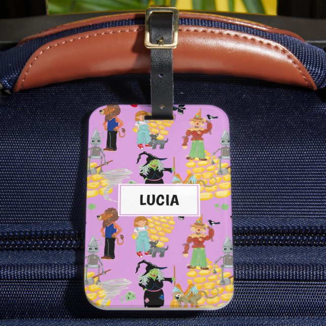 Funny children's characters on lilac luggage tag (Front Insitu 2)