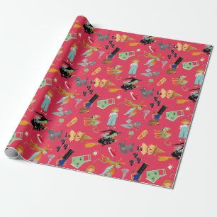 Funny children's characters on red wrapping paper