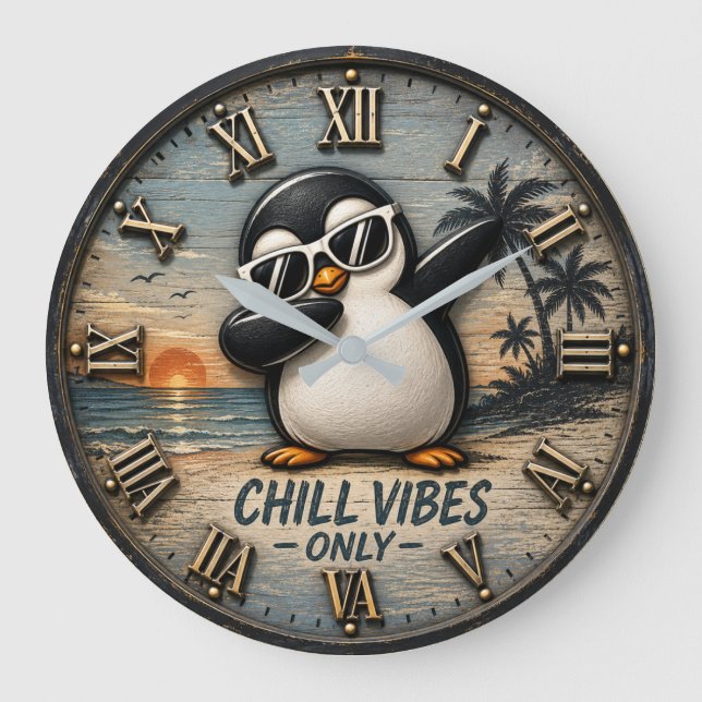 Funny Chill Vibes Only Penguin Large Clock (Front)