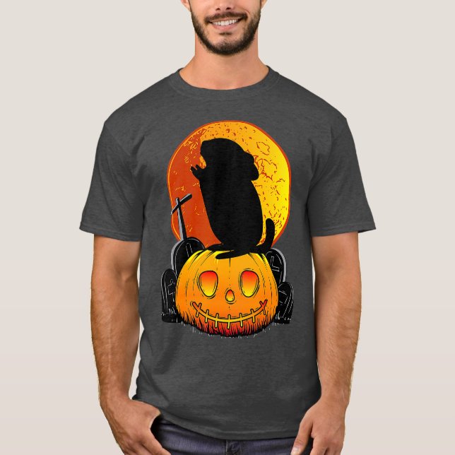Funny Chinchilla on Pumpkin Howling on Moon Fun T-Shirt (Front)