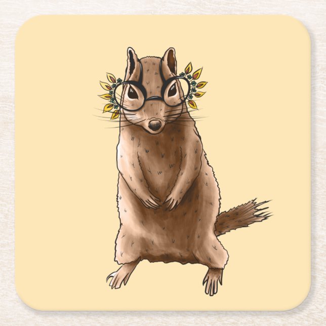 Funny Chipmunk Squirrel Geek Animal Art Square Paper Coaster (Front)