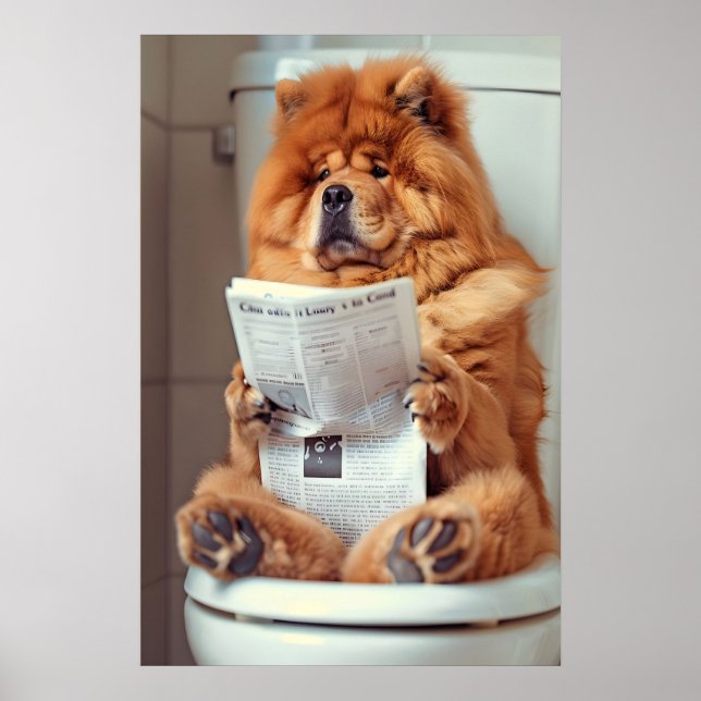 Funny Chow Chow Bathroom Print, Dog Reading Poster (Front)
