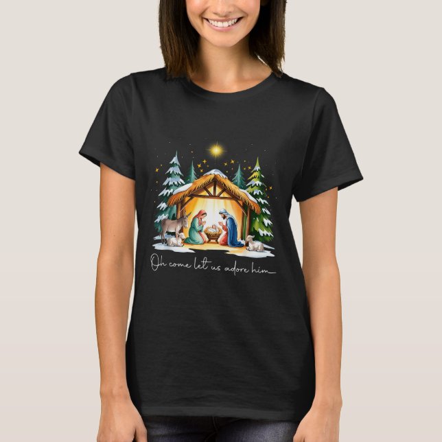 Funny Christian Christmas Jesus Oh Come Let Us Ado T-Shirt (Front)