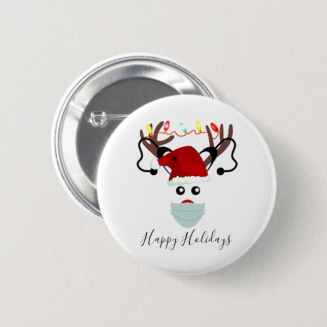 Funny Christmas 2020 Reindeer Wearing Face Mask Button (Front & Back)