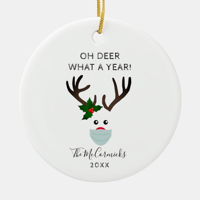 Funny Christmas 2020 Reindeer Wearing Face Mask Ceramic Ornament (Front)