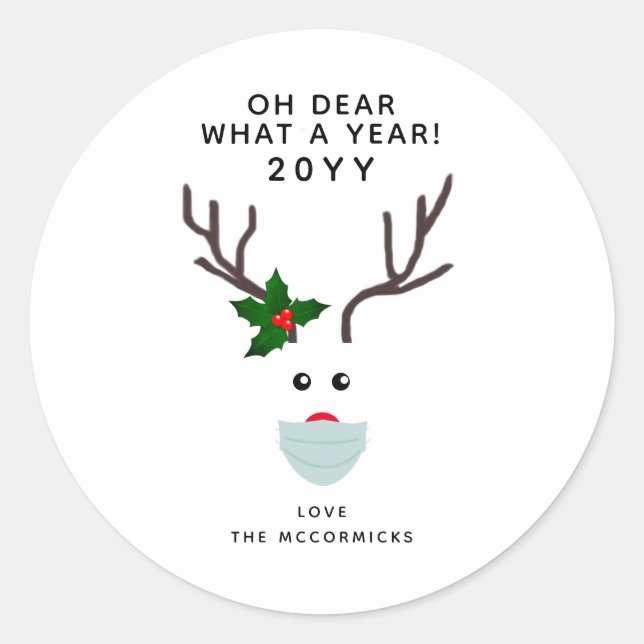 Funny Christmas 2020 Reindeer Wearing Face Mask Classic Round Sticker (Front)