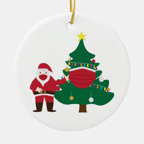 Funny Christmas 2020 Santa and decorated tree Ceramic Ornament