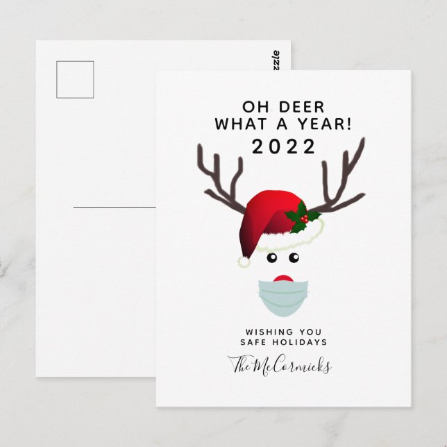 Funny Christmas 2021 Covid Face Mask Reindeer Postcard (Front/Back)
