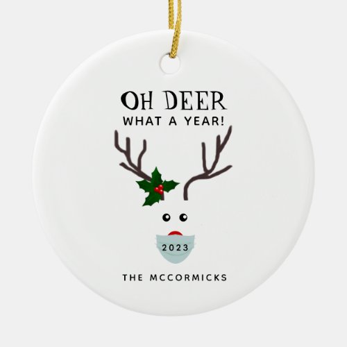 Funny Christmas 2021 Face Mask Reindeer Monogram Ceramic Ornament