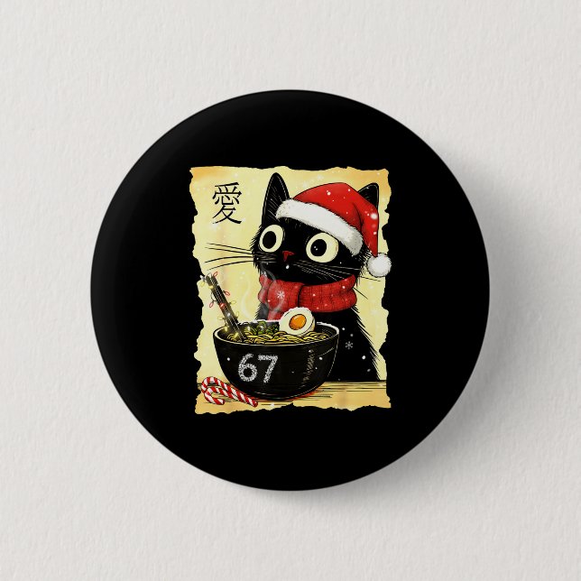 Funny Christmas 67 Six Seven Cat Ramen Japanese Ka Button (Front)