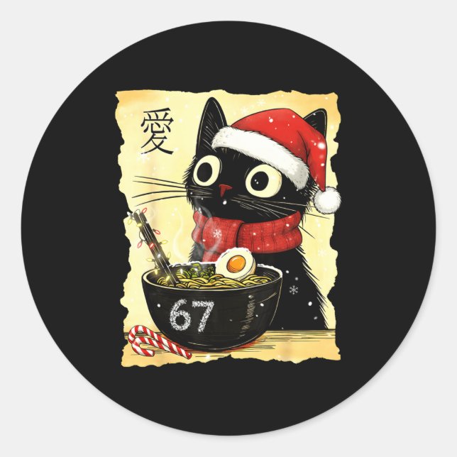 Funny Christmas 67 Six Seven Cat Ramen Japanese Ka Classic Round Sticker (Front)
