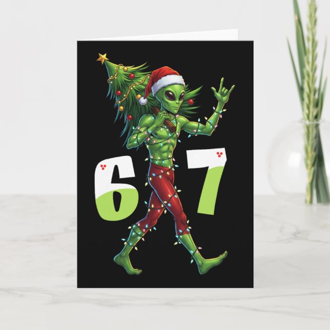 Funny Christmas Alien Six Seven Meme 67 Santa Hat  Card (Front)