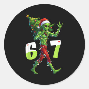 Funny Christmas Alien Six Seven Meme 67 Santa Hat  Classic Round Sticker