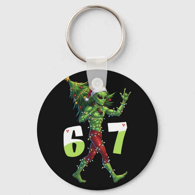 Funny Christmas Alien Six Seven Meme 67 Santa Hat  Keychain (Front)