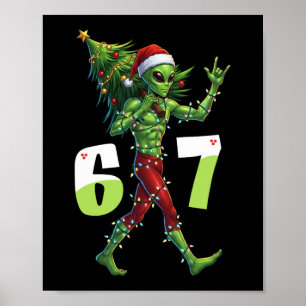 Funny Christmas Alien Six Seven Meme 67 Santa Hat Poster