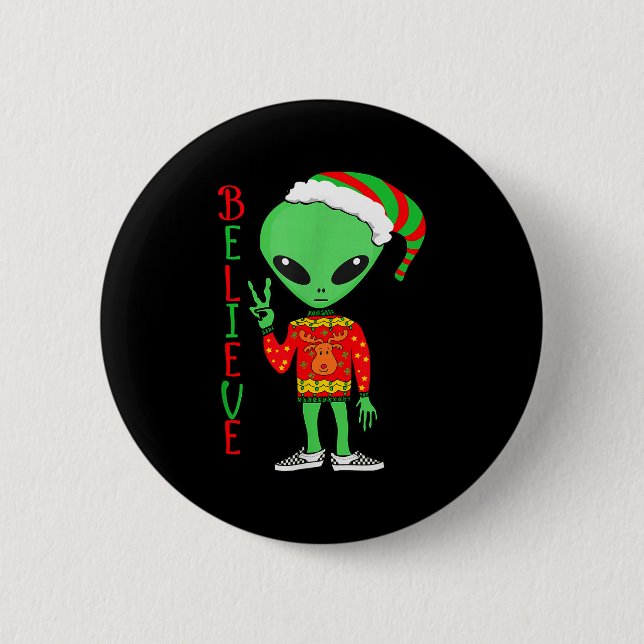 Funny Christmas Alien Ugly Sweater I Believe Santa Button (Front)