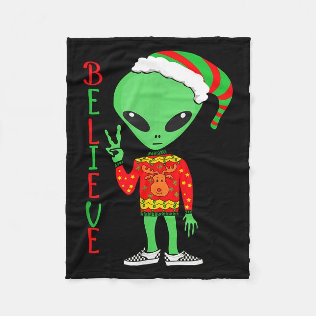 Funny Christmas Alien Ugly Sweater I Believe Santa Fleece Blanket (Front)