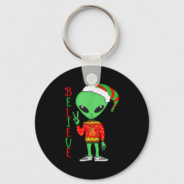 Funny Christmas Alien Ugly Sweater I Believe Santa Keychain (Front)
