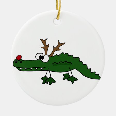 Funny Christmas Alligator As Reindeer Ceramic Ornament