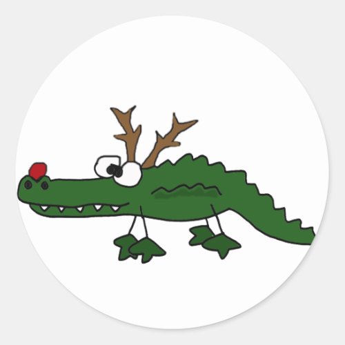 Funny Christmas Alligator as Reindeer Classic Round Sticker