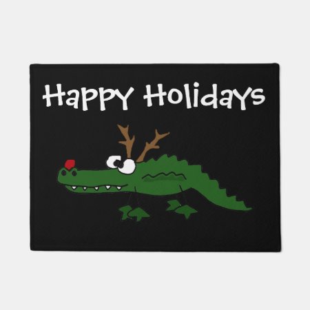 Funny Christmas Alligator As Reindeer Doormat