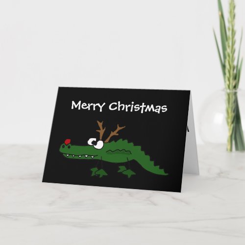 Funny Christmas Alligator as Reindeer Holiday Card
