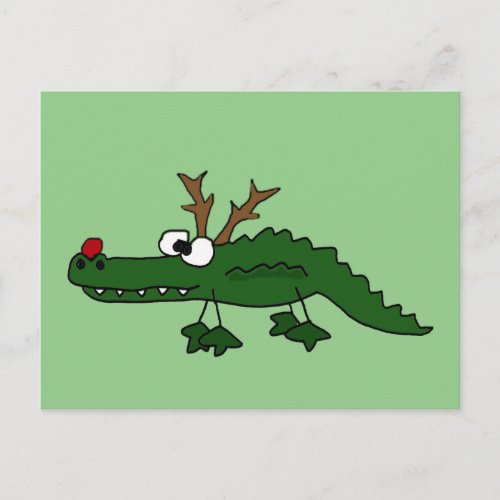 Funny Christmas Alligator as Reindeer Holiday Postcard