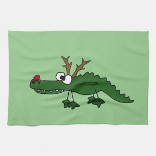 Funny Christmas Alligator as Reindeer Kitchen Towel