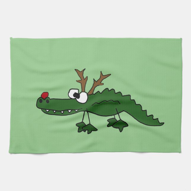 Funny Christmas Alligator as Reindeer Kitchen Towel (Horizontal)