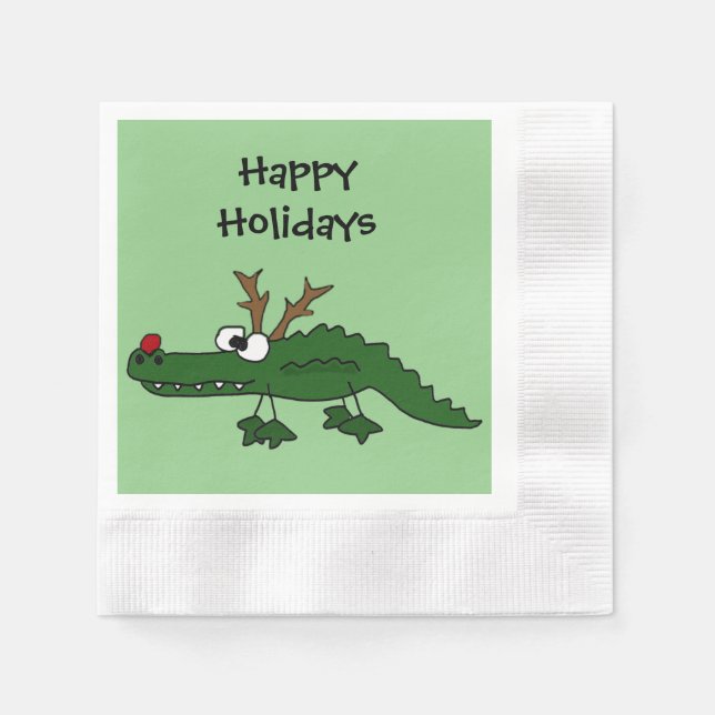 Funny Christmas Alligator as Reindeer Paper Napkins (Front)