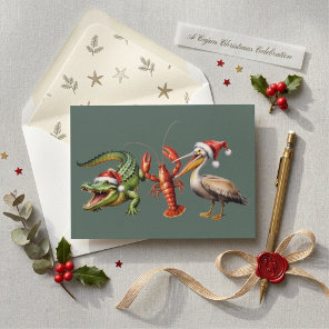 Funny Christmas Alligator Pelican Crawfish Holiday Card