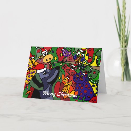 Funny Christmas Animals Abstract Art Original Holiday Card