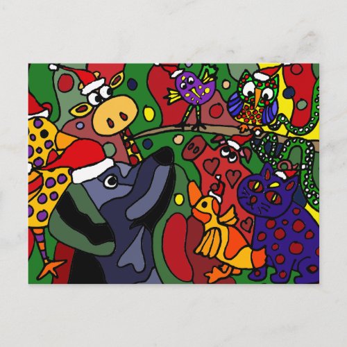 Funny Christmas Animals Abstract Art Original Holiday Postcard