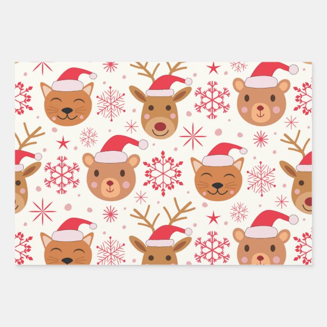 Funny Christmas Animals with Santa Hats  Wrapping Paper Sheets (Front 3)