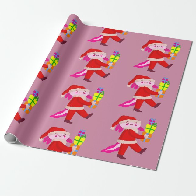 funny christmas axolotl santa claus wrapping paper (Unrolled)